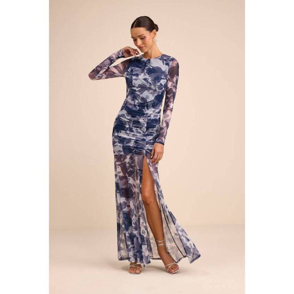 Lulus Vibrant Poise Blue Floral Print Mesh Ruched Maxi Dress - Size S